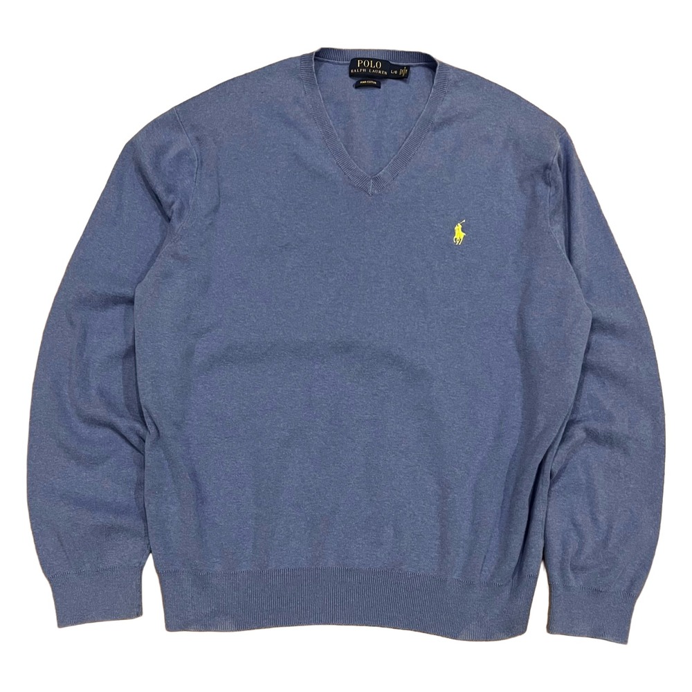 Polo Ralph Lauren Sweater Blue V Neck 100% Pima Cotton Pullover Mens Large
